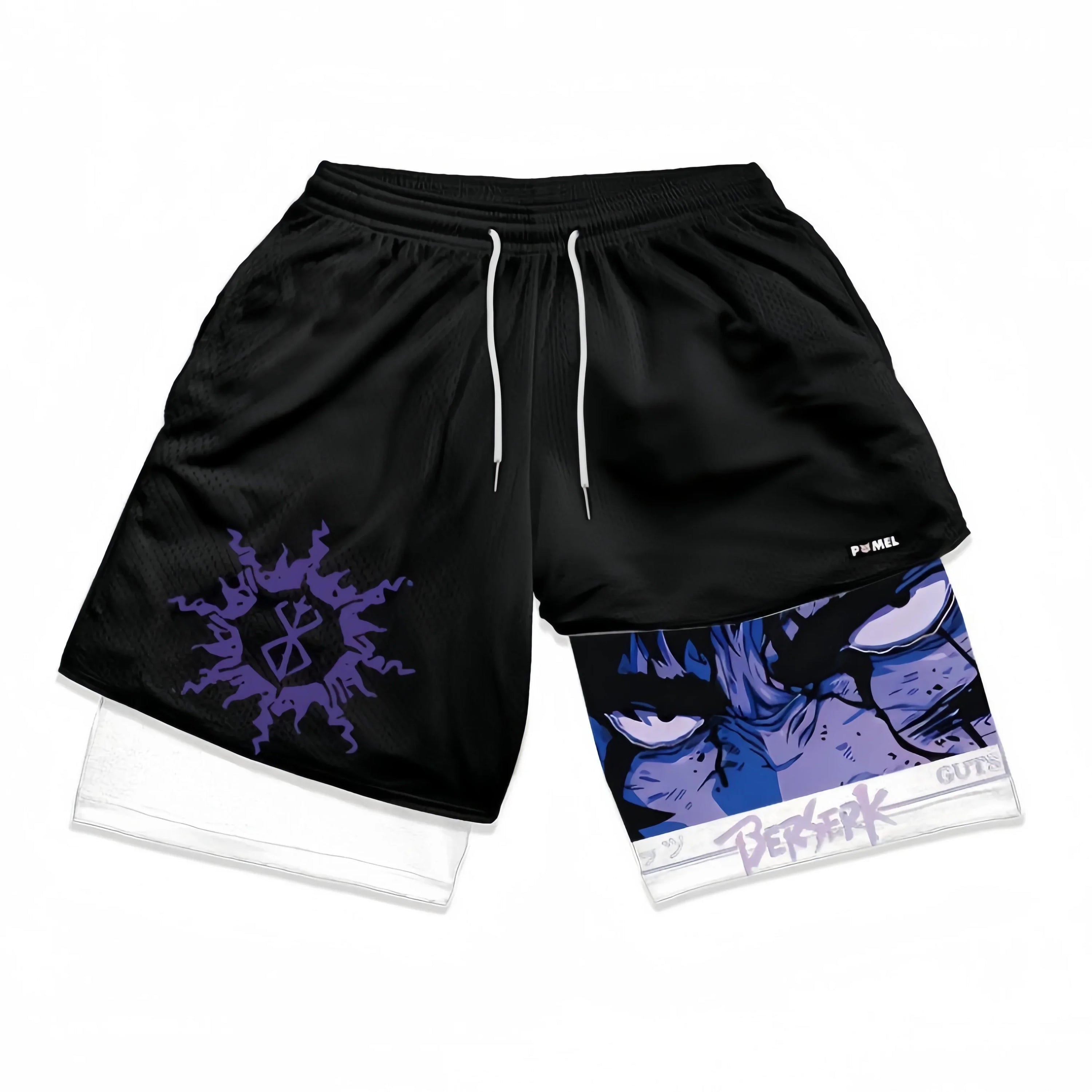 The Berserk-Inspired Gym Shorts with Liner showcase Guts' enraged expression and "Berserk" on one leg, plus the Brand of Sacrifice in purple on the other. Featuring a drawstring waist and sleek white liner, these Berserk shorts embody a warrior spirit for fans.