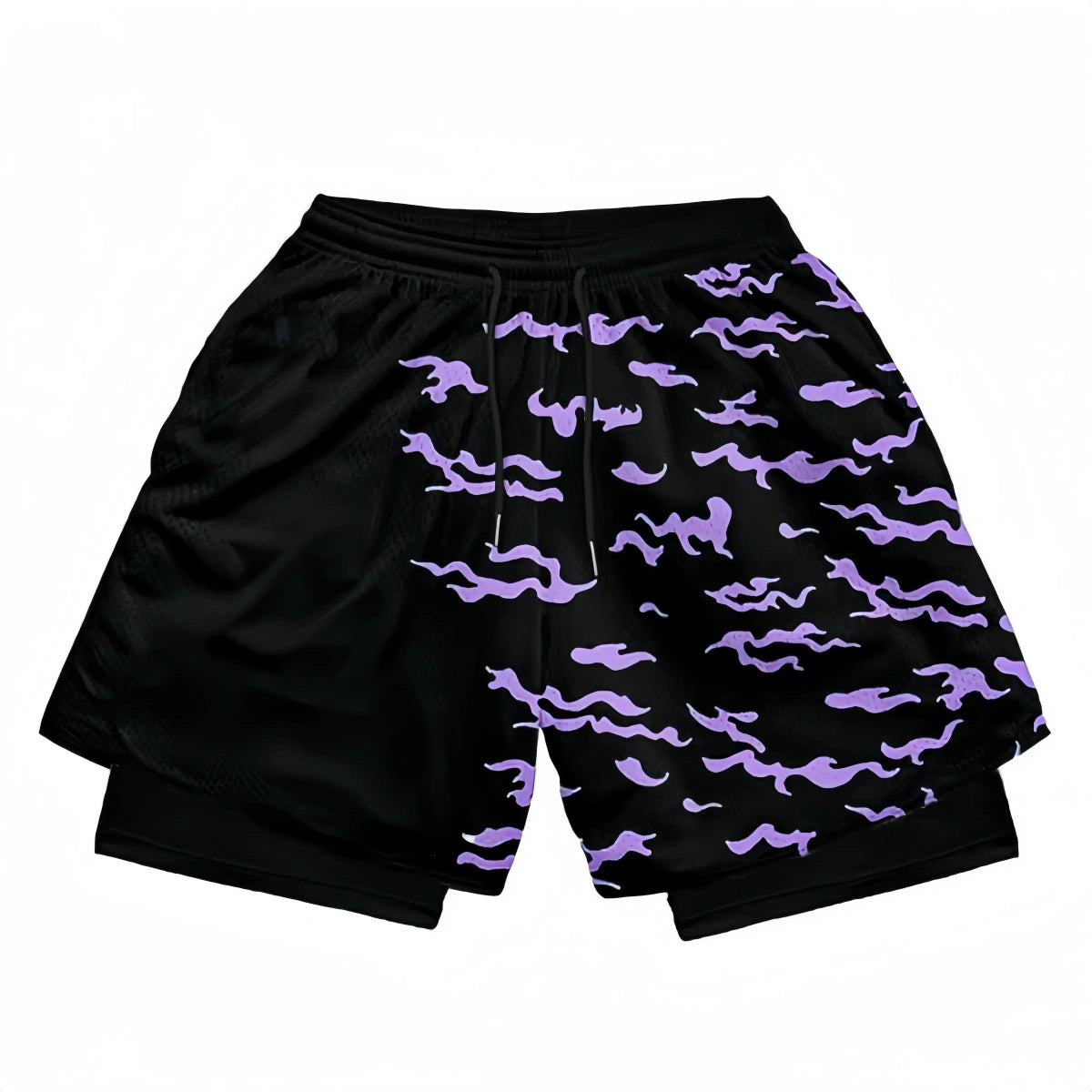 These Naruto-Inspired Gym Shorts feature a purple abstract wavy pattern reminiscent of Amaterasu flames on black athletic shorts. With an elastic waistband and lightweight fabric, they are perfect for active fans.