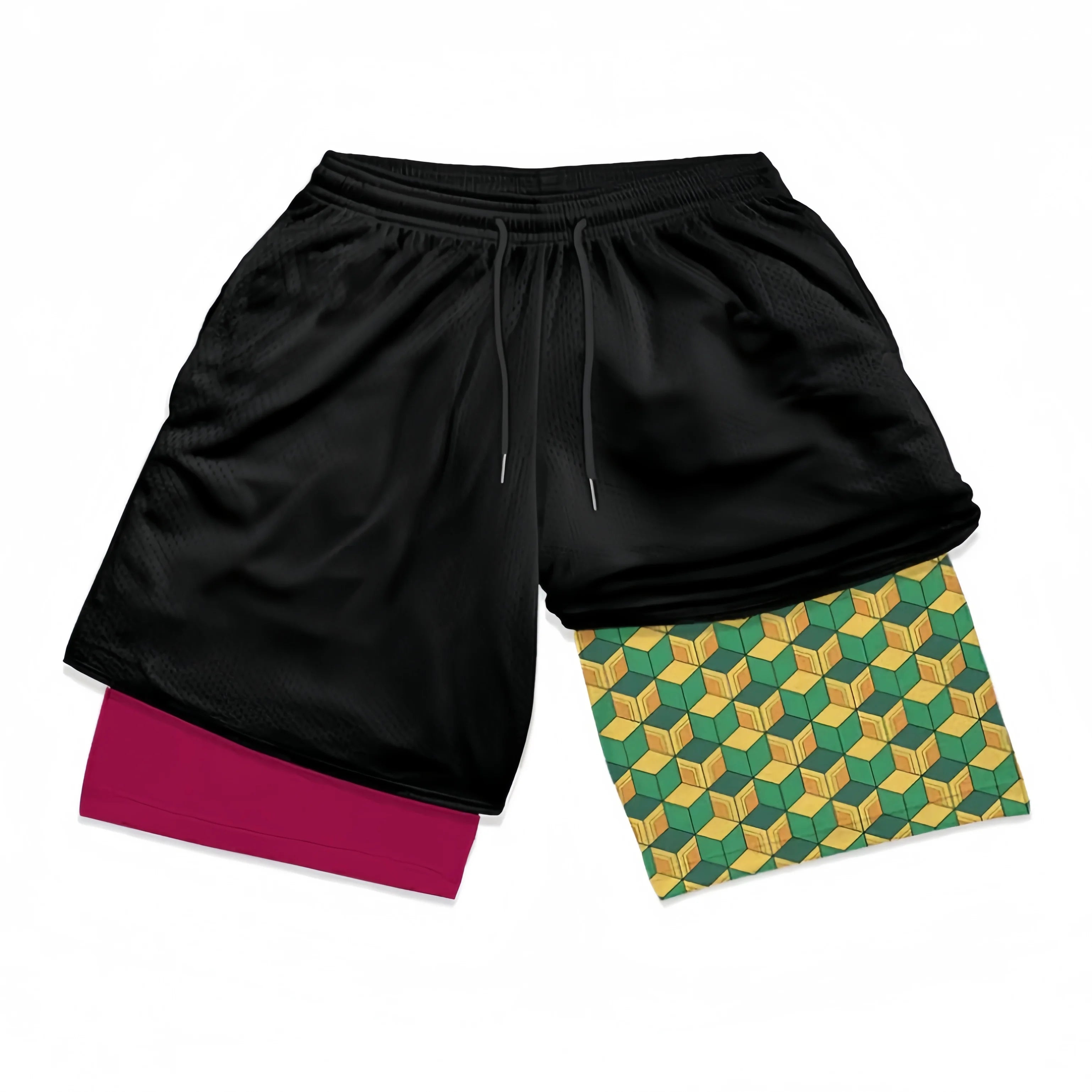 The Demon Slayer-Inspired Gym Shorts by Demon Slayer feature a black outer layer over Tanjiro Kamado’s iconic patterns: solid maroon on the left and a green and yellow geometric design on the right.