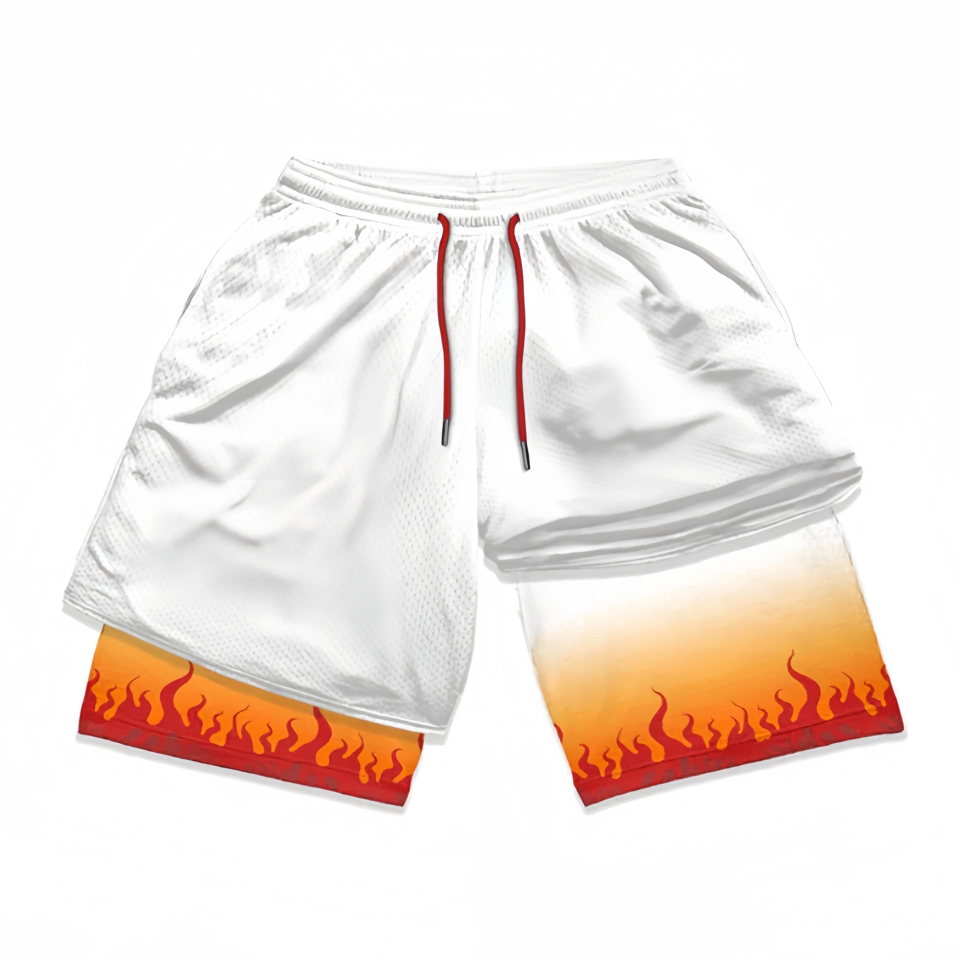 The Demon Slayer-Inspired Gym Shorts with Liner – Rengoku Flame Hashira Design feature a fiery pattern at the hem with gradient yellow, orange, and red hues. These white shorts boast a red drawstring and offer a loose fit and mesh texture for optimal breathability.