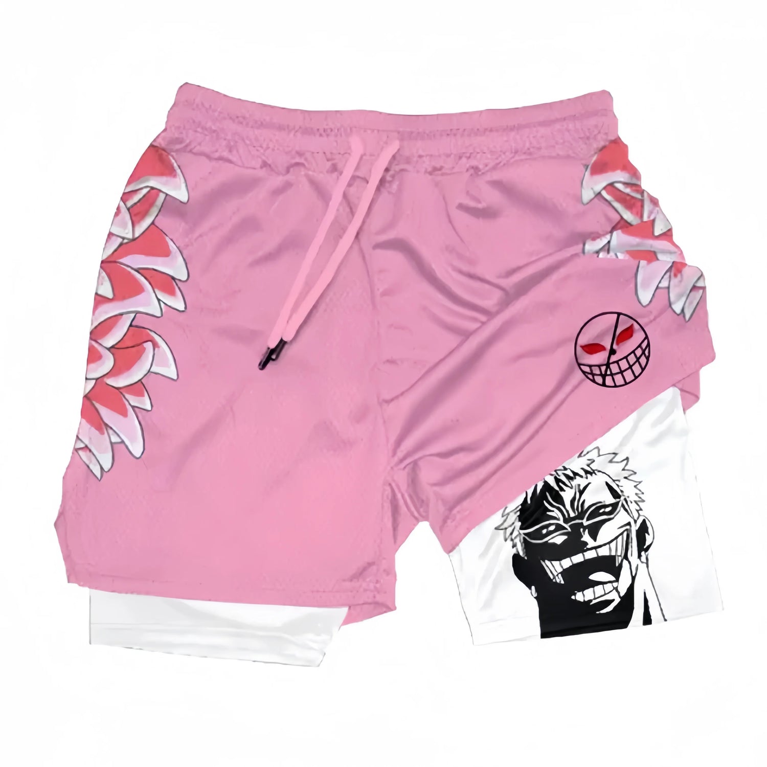 The Demon Slayer One Piece-Inspired Gym Shorts with Liner feature a vibrant pink design with floral side patterns and a drawstring. A black and white Donquixote Doflamingo face adorns the lower right leg, appealing to anime fans everywhere.