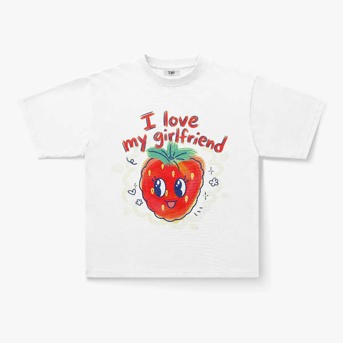 The I Love My Girlfriend Strawberry Cartoon Graphic Print Oversized T-Shirt is a white tee with a cute smiling strawberry, doodle hearts, and “I love my girlfriend” in red—perfect as a vintage-inspired gift.