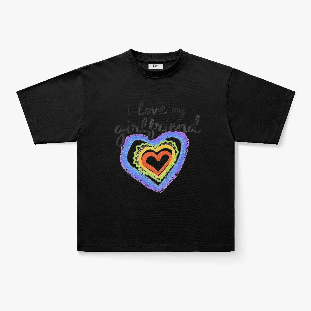 The I Love My Girlfriend Rainbow Heart Graphic White T-Shirt features colorful crayon-art hearts and the phrase “I love my girlfriend” in a playful font—perfect for expressing your love on any occasion.