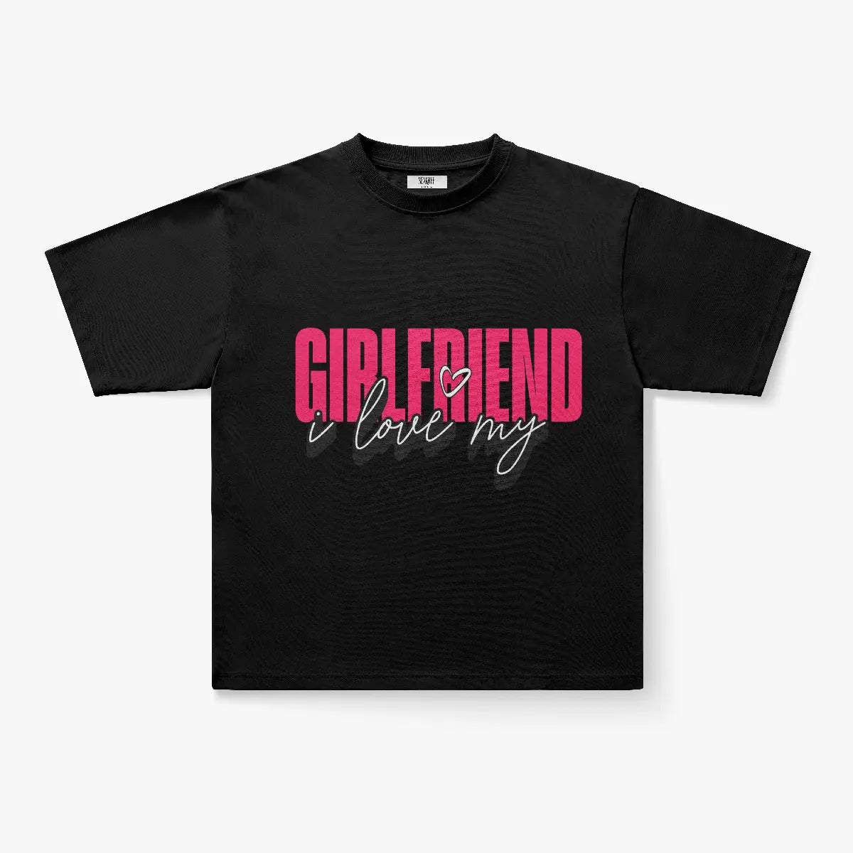 The I Love My Girlfriend Oversized Graphic Print T-Shirt is a heavyweight streetwear tee with bold pink "GIRLFRIEND," white cursive "i love my," and a small pink heart above "love" for standout style.