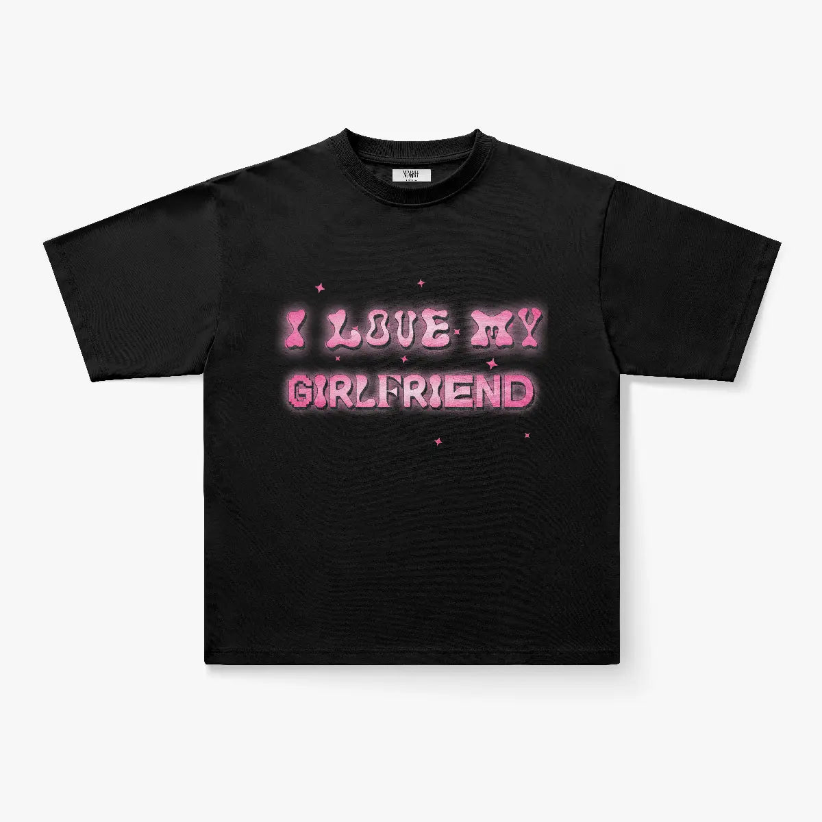 The I Love My Girlfriend Bubbly Pink Graphic Oversized T-Shirt features bubbly pink lettering and sparkles on a black Y2K-style tee—ideal for showcasing your love with a fun, retro vibe.