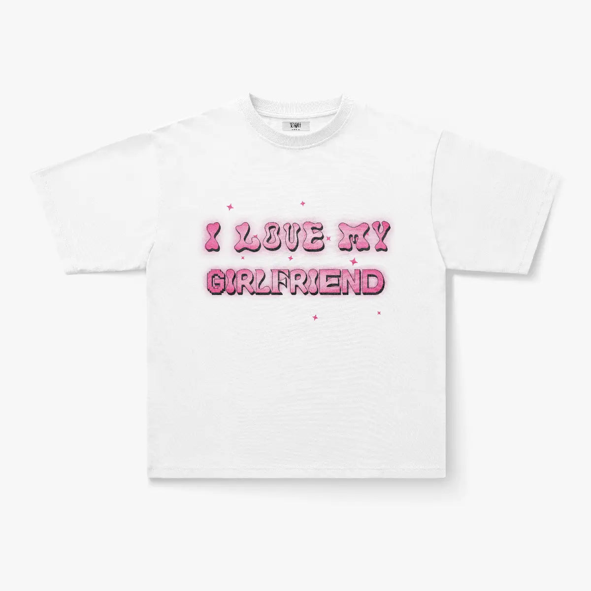 The I Love My Girlfriend Bubbly Pink Graphic Oversized T-Shirt showcases bold bubblegum-pink letters and tiny pink stars on a classic white Y2K tee—cute, stylish, and a perfect way to share your love!.