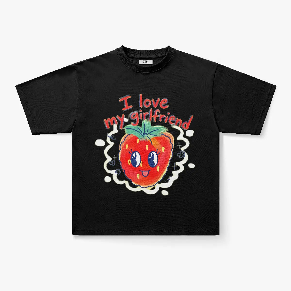 The I Love My Girlfriend Strawberry Cartoon Graphic Print Oversized T-Shirt features a black kawaii strawberry with big eyes and fangs in a cream splash, plus retro red text—a perfect vintage-inspired tee for girlfriends.