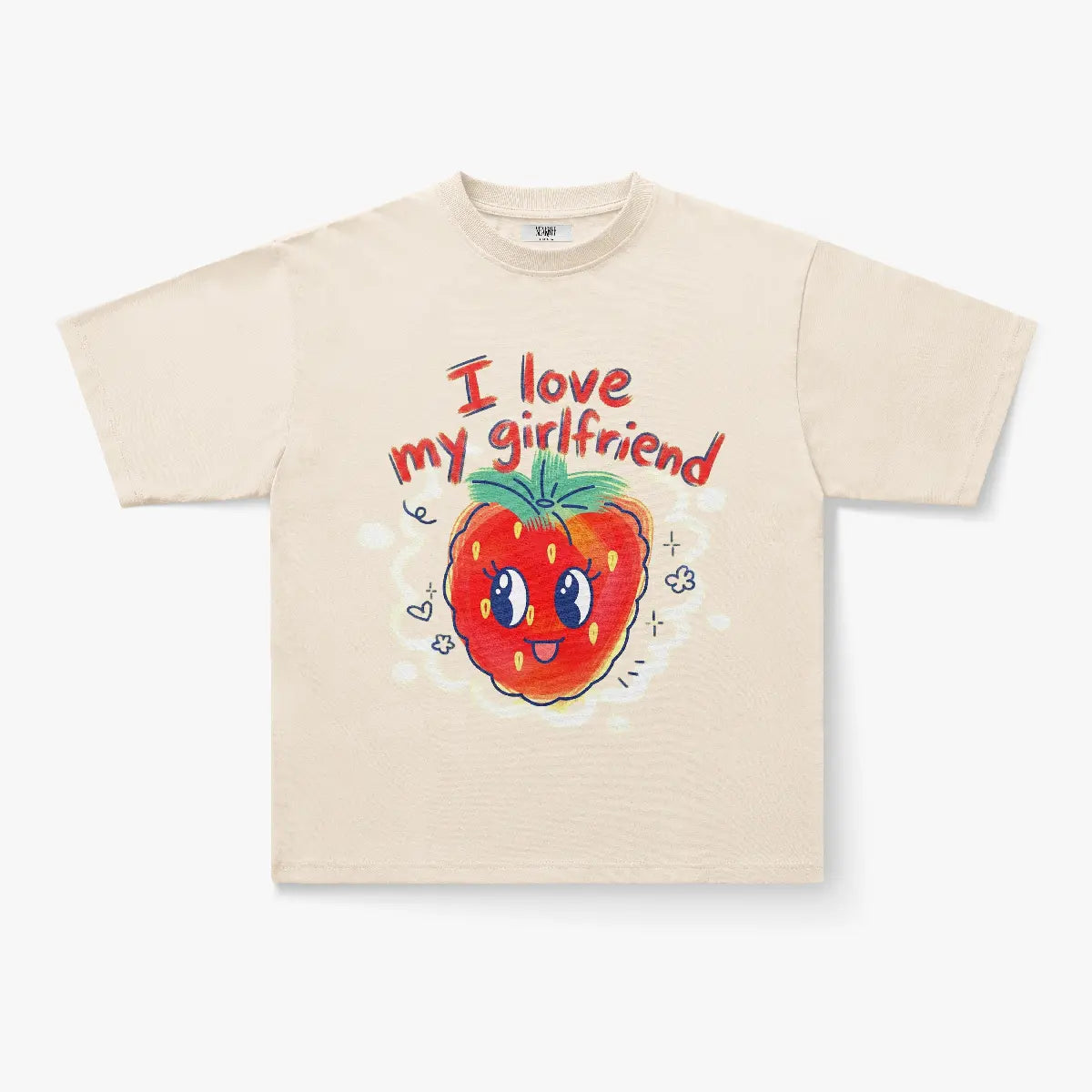The I Love My Girlfriend Strawberry Cartoon Graphic Print Oversized T-Shirt is a beige tee with a kawaii strawberry, happy face, and playful red "I love my girlfriend" text above.