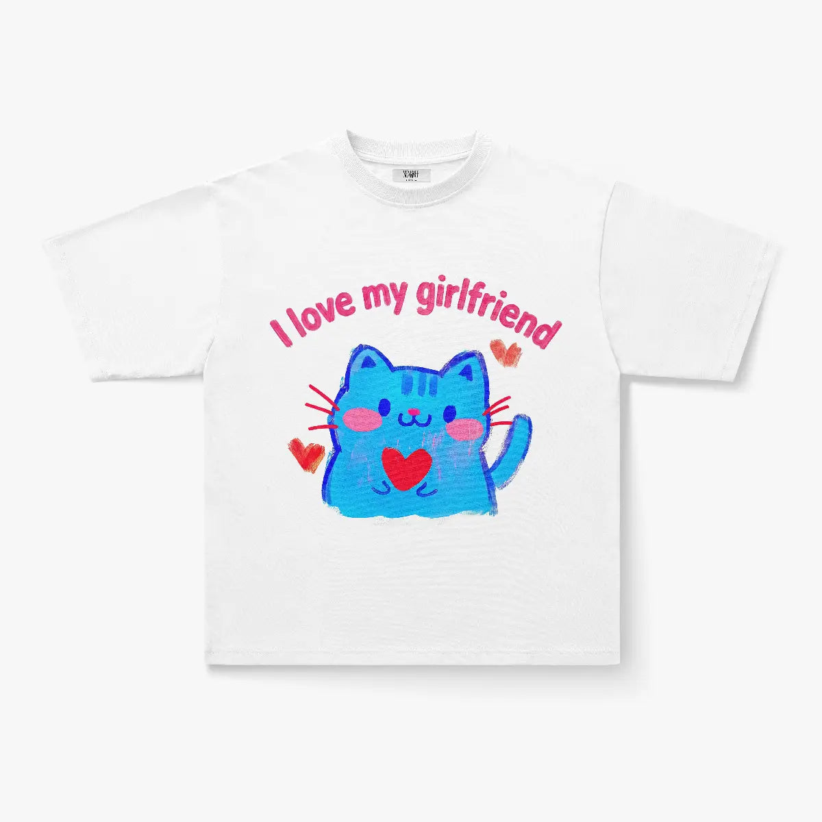 The I Love My Girlfriend Crayon Cat Graphic Oversized T-Shirt features a cute blue cartoon cat holding a heart with red accents and playful "I love my girlfriend" text—ideal for Y2K-inspired streetwear looks.