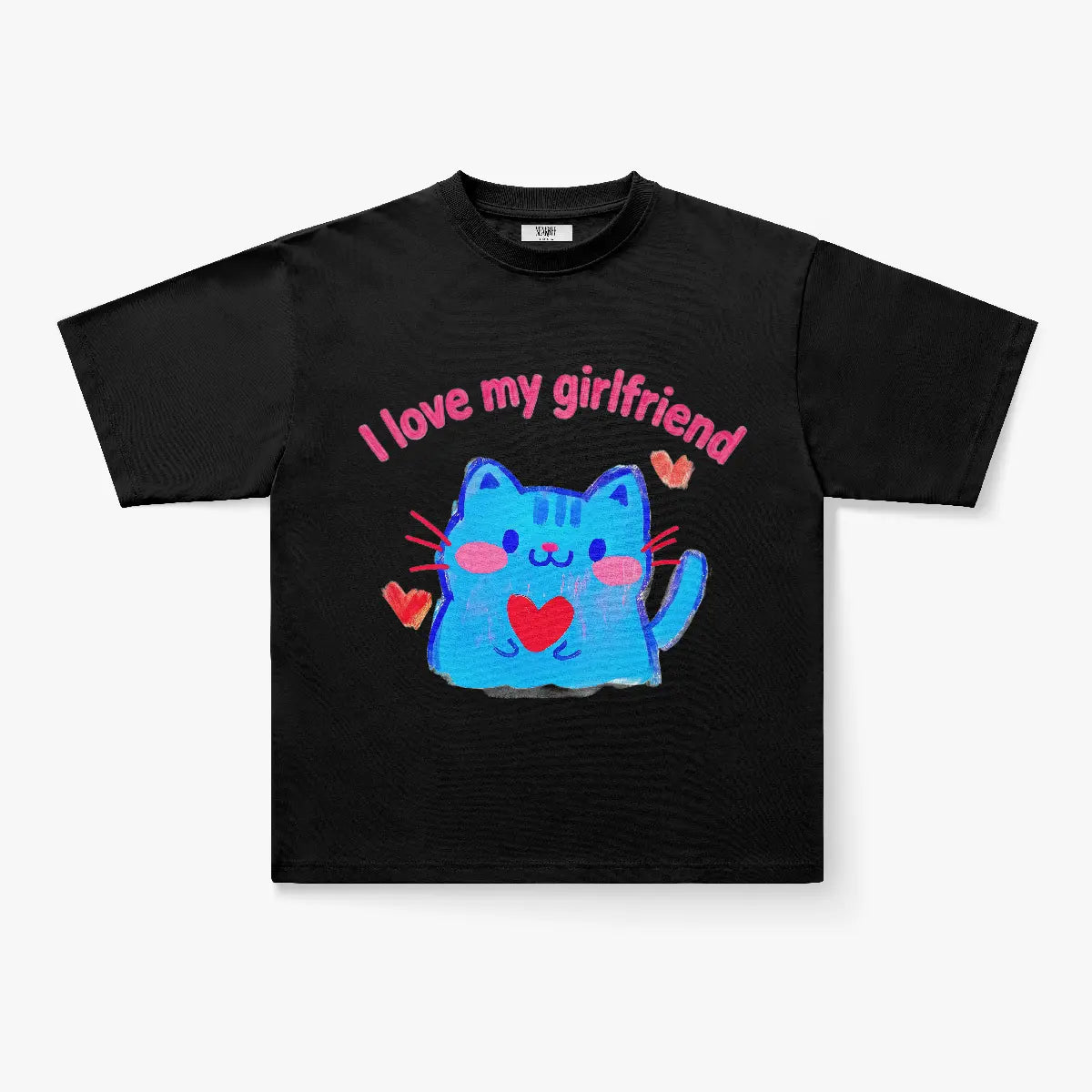 The "I Love My Girlfriend Crayon Cat Graphic Oversized T-Shirt" features a cute blue cat holding a heart, surrounded by red hearts—a Y2K-inspired tee that's perfect for showing your love in style.