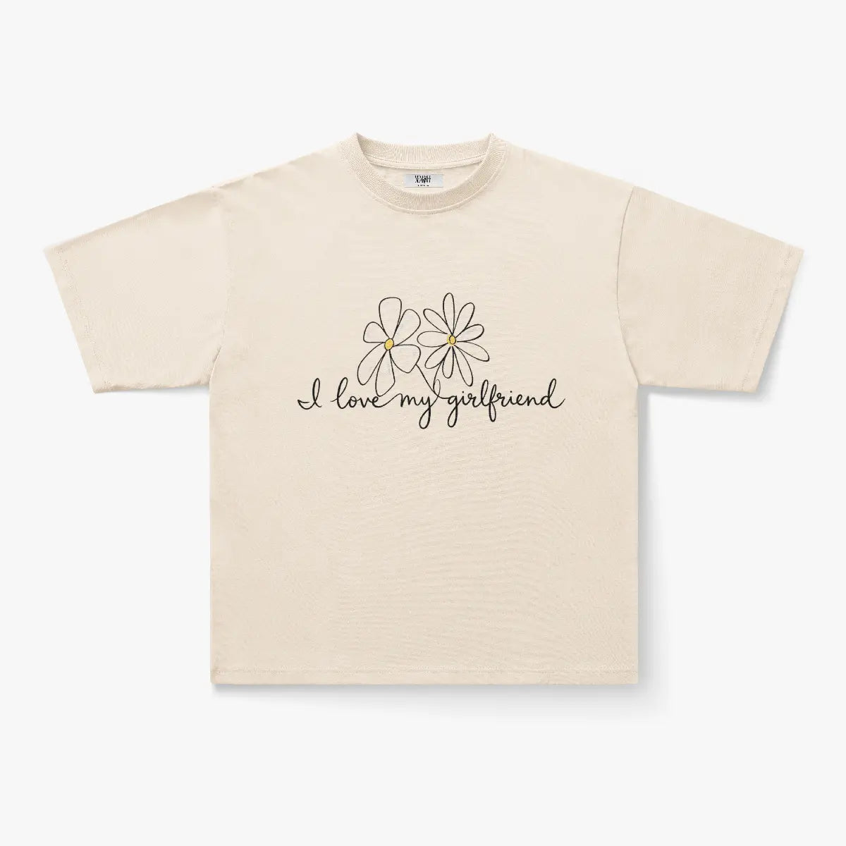 The "I Love My Girlfriend Daisy Script Graphic Oversized White T-Shirt" features two simple daisies on the front, making it perfect for soft-girl streetwear fans.