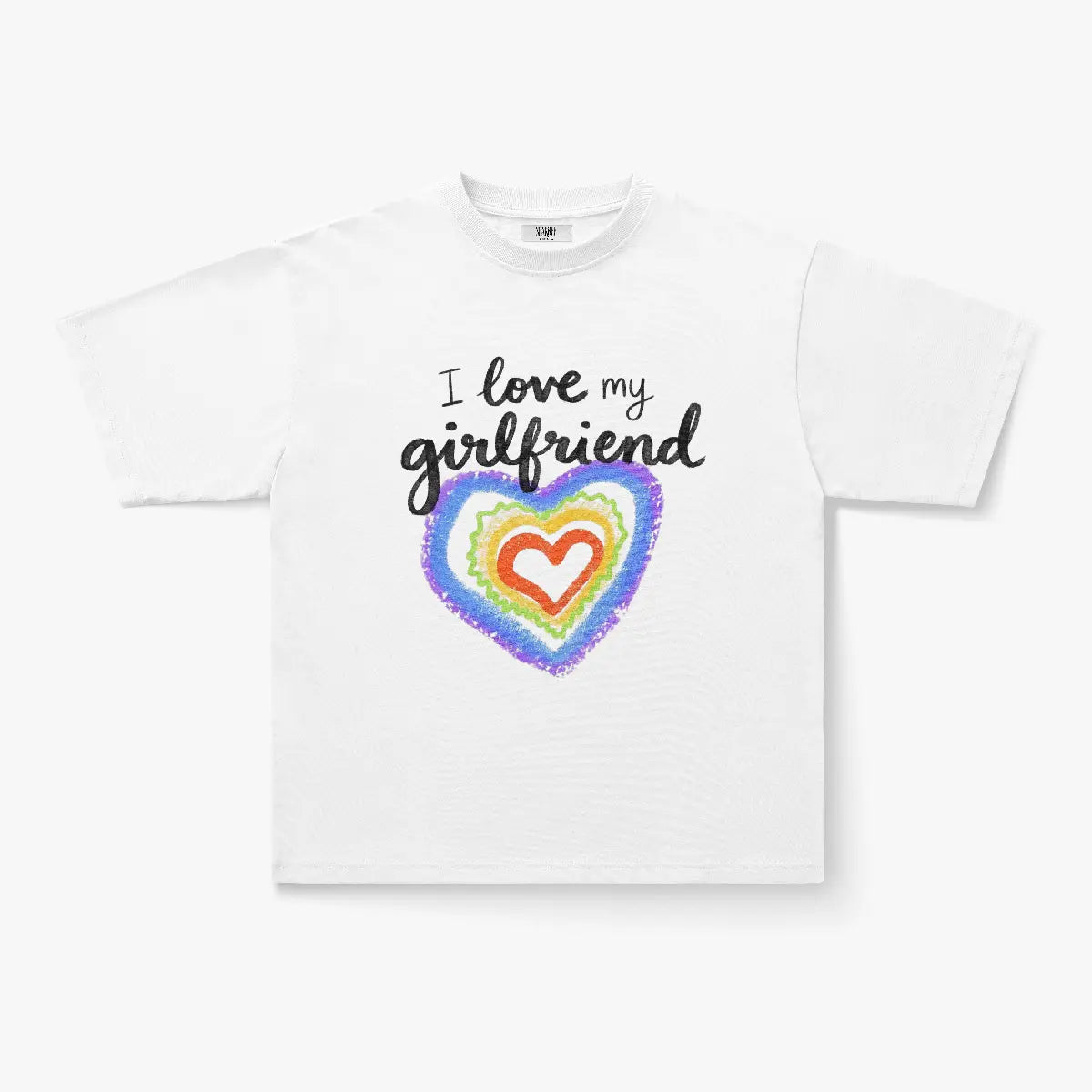 The I Love My Girlfriend Rainbow Heart Graphic White T-Shirt features a colorful, crayon-art heart and bold text on heavyweight cotton—perfect for couples to show their love.
