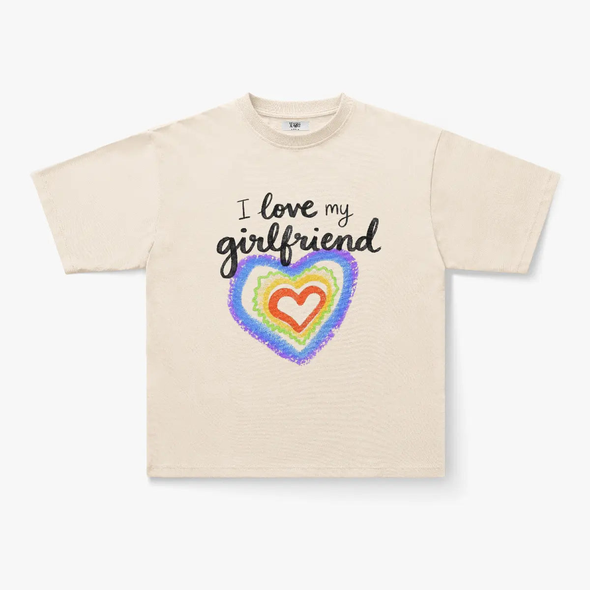 The I Love My Girlfriend Rainbow Heart Graphic White T-Shirt features a colorful crayon-style heart and playful text, perfect for couples.