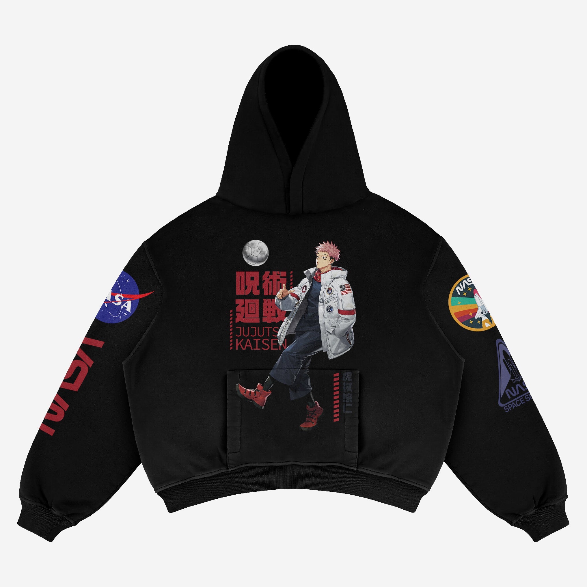 Explore the Exclusive Yuji Itadori NASA Anime Hoodie by Jujutsu Kaisen. This black hoodie features a vivid graphic of Yuji Itadori, red Japanese characters, a moon, "Jujutsu Kaisen" text, and NASA logo sleeve patches. A must-have for Jujutsu Kaisen fans!.