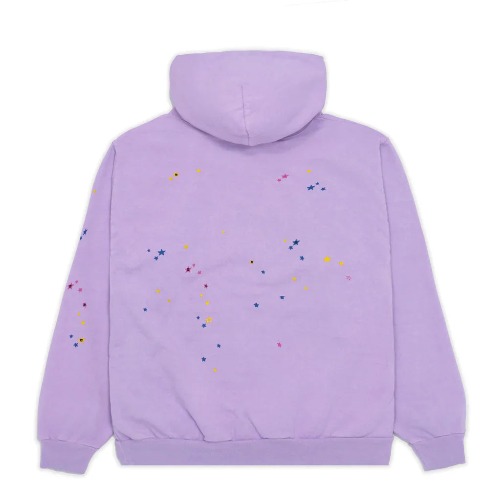 The Sp5der “Hares the Slime” Hoodie in lavender purple features blue, yellow, and pink star-shaped accents scattered on the back and sleeve—a bold 440GSM heavyweight spider-web streetwear pullover.
