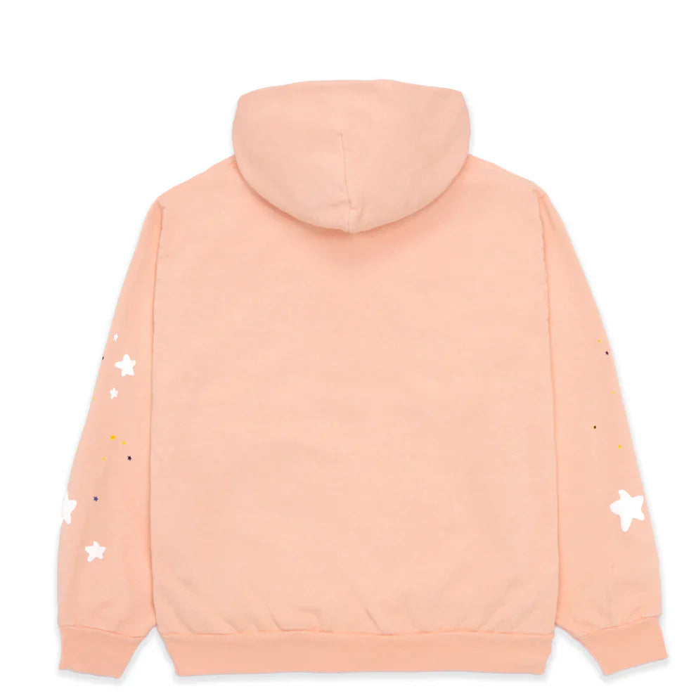 The Sp5der Star Web Hoodie – Peach Pink 440GSM Heavyweight Oversized Streetwear Pullover is shown from the back, featuring small white star designs and colorful dots on both sleeves—a perfect Y2K-inspired look.