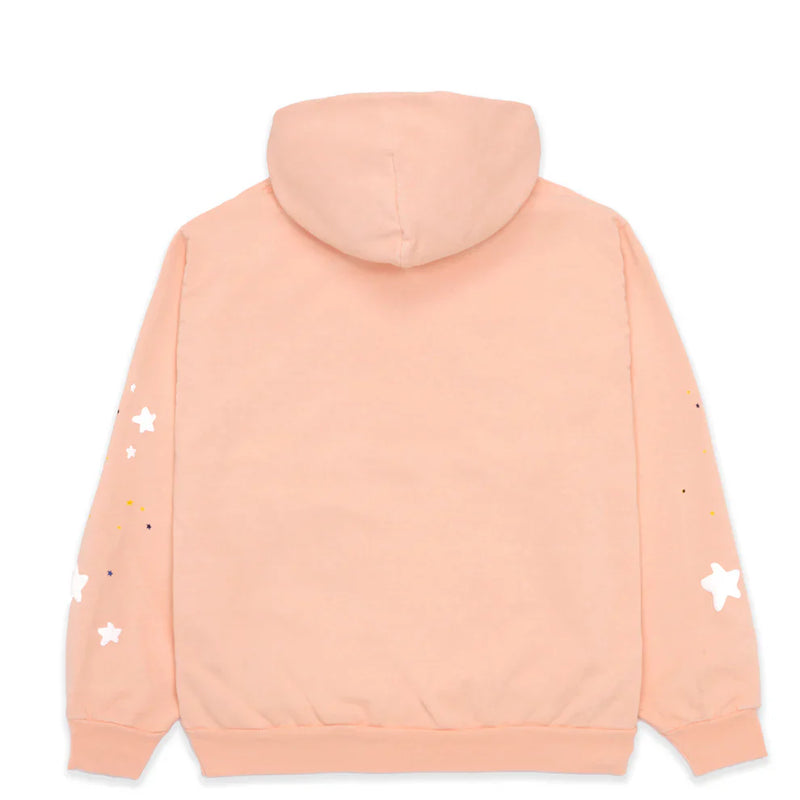 The Sp5der Star Web Hoodie – Peach Pink 440GSM Heavyweight Oversized Streetwear Pullover is shown from the back, featuring small white star designs and colorful dots on both sleeves—a perfect Y2K-inspired look.
