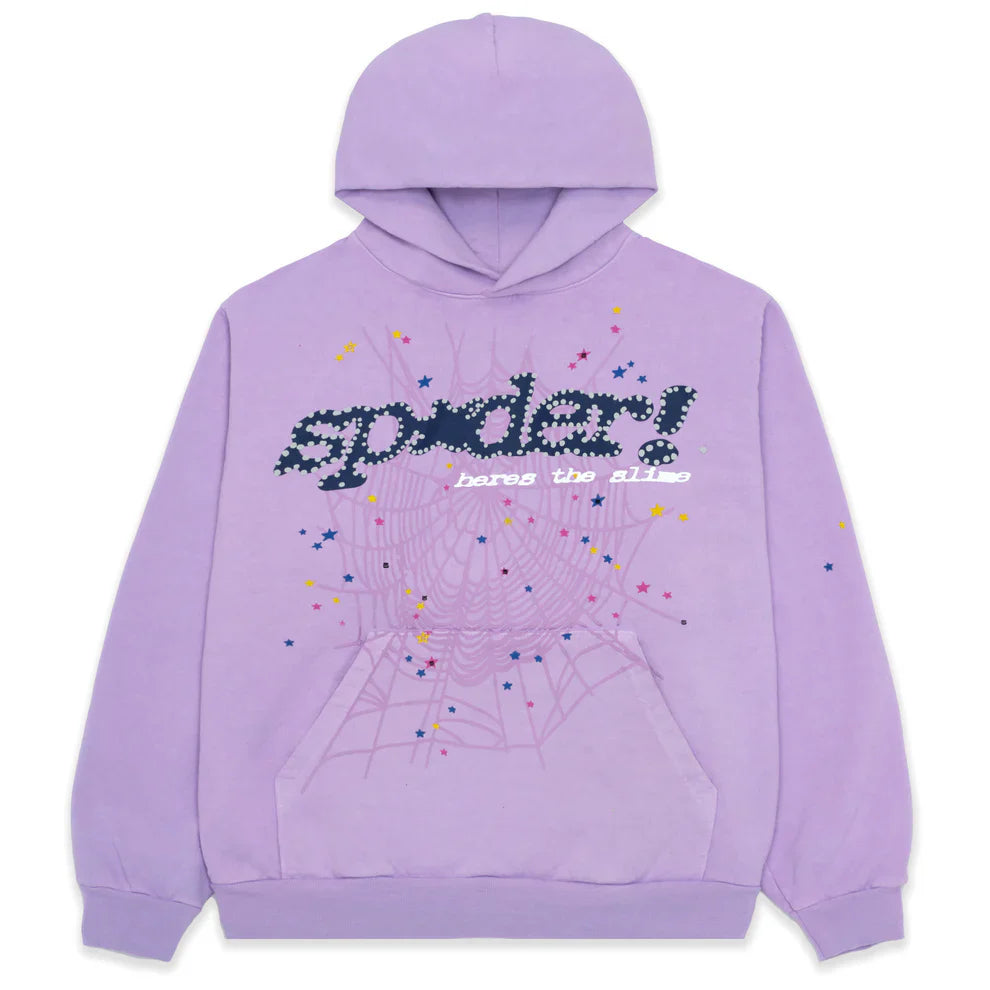 The Sp5der “Hares the Slime” Hoodie is a lavender purple 440GSM heavyweight fleece pullover with spider-web graphics and bold "spider!" lettering—perfect for standout streetwear style.