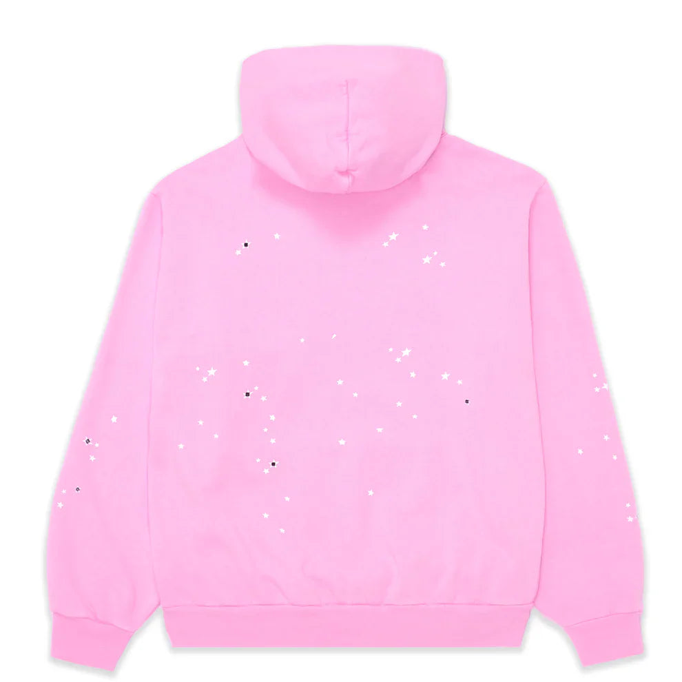 The Sp5der Atlanta Hoodie – Pink 440GSM Heavyweight Y2K Streetwear Pullover features a spider-web design with small white stars and dots on the back, sleeves, and hood for a bold retro look.
