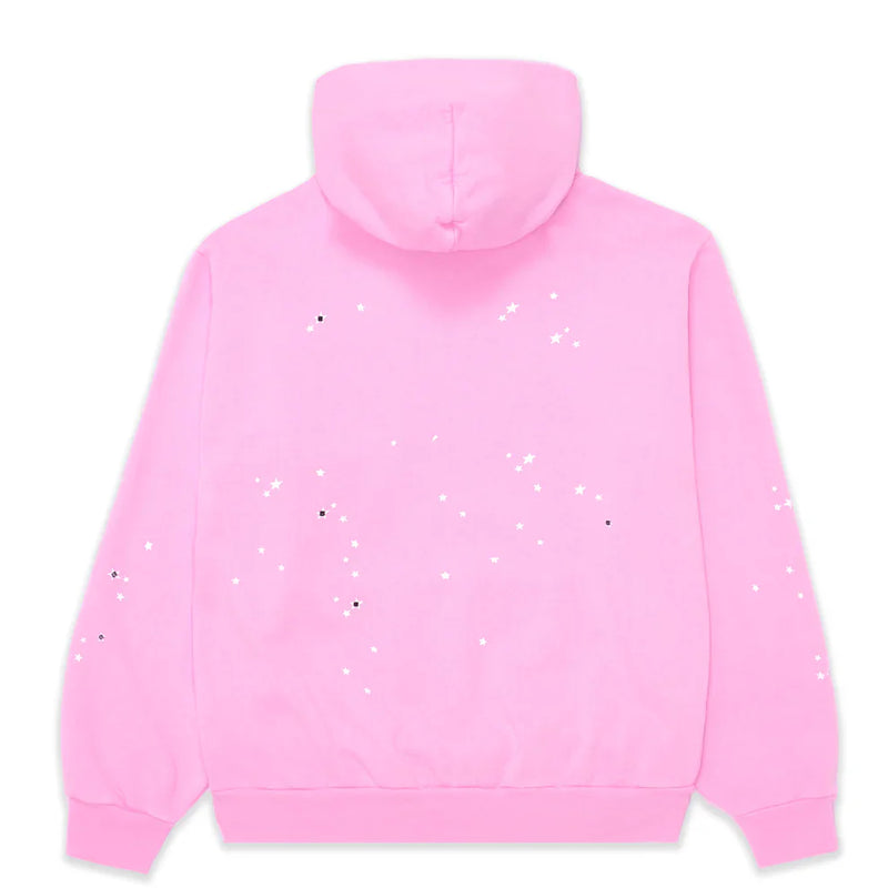 The Sp5der Atlanta Hoodie – Pink 440GSM Heavyweight Y2K Streetwear Pullover features a spider-web design with small white stars and dots on the back, sleeves, and hood for a bold retro look.