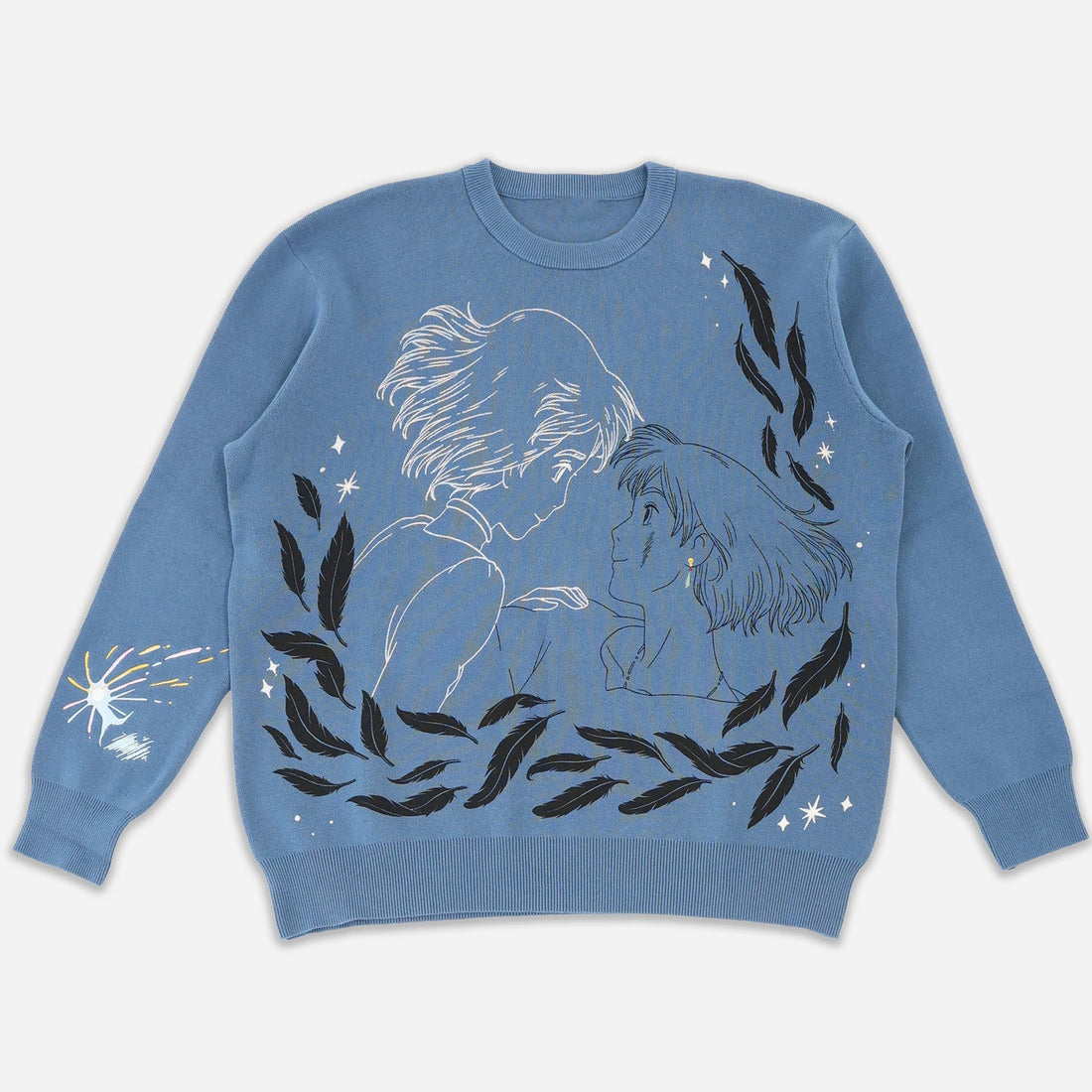 The Seakoff Premium Howl’s Moving Castle-Inspired Knit Sweater features a blue anime-style design of Howl and Sophie embracing, accented by black leaves, white stars, and a small white burst on the left sleeve.