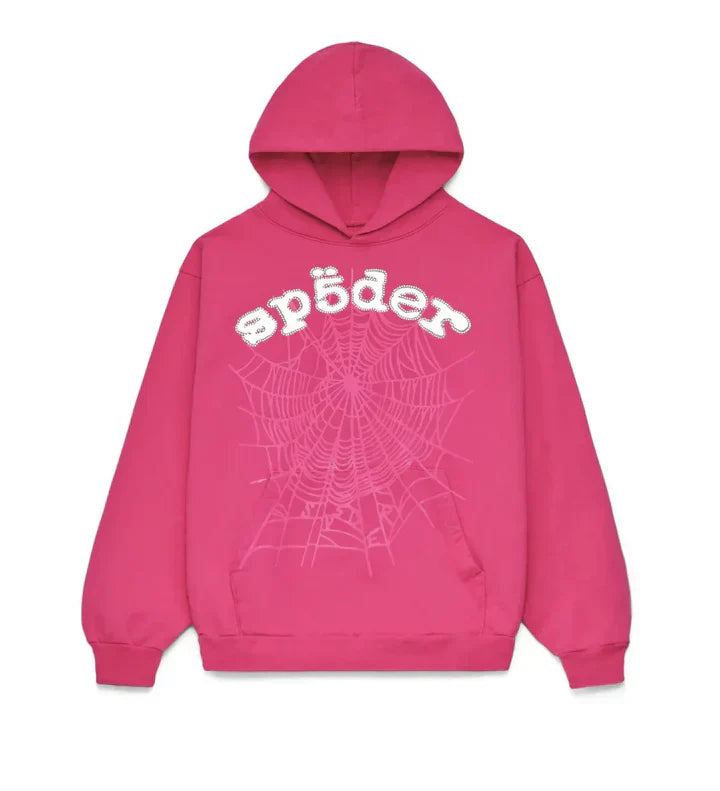 The Sp5der Web Hoodie – Hot Pink 440GSM Heavyweight Streetwear Pullover features a hood, long sleeves, and a white spiderweb graphic with "spöder" text on the front, inspired by the iconic Sp5der Hoodie design—perfect for bold street style.