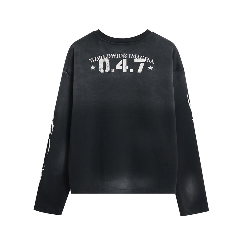 Black long sleeve jersey back view with distressed 0.4.7 graphic at upper back