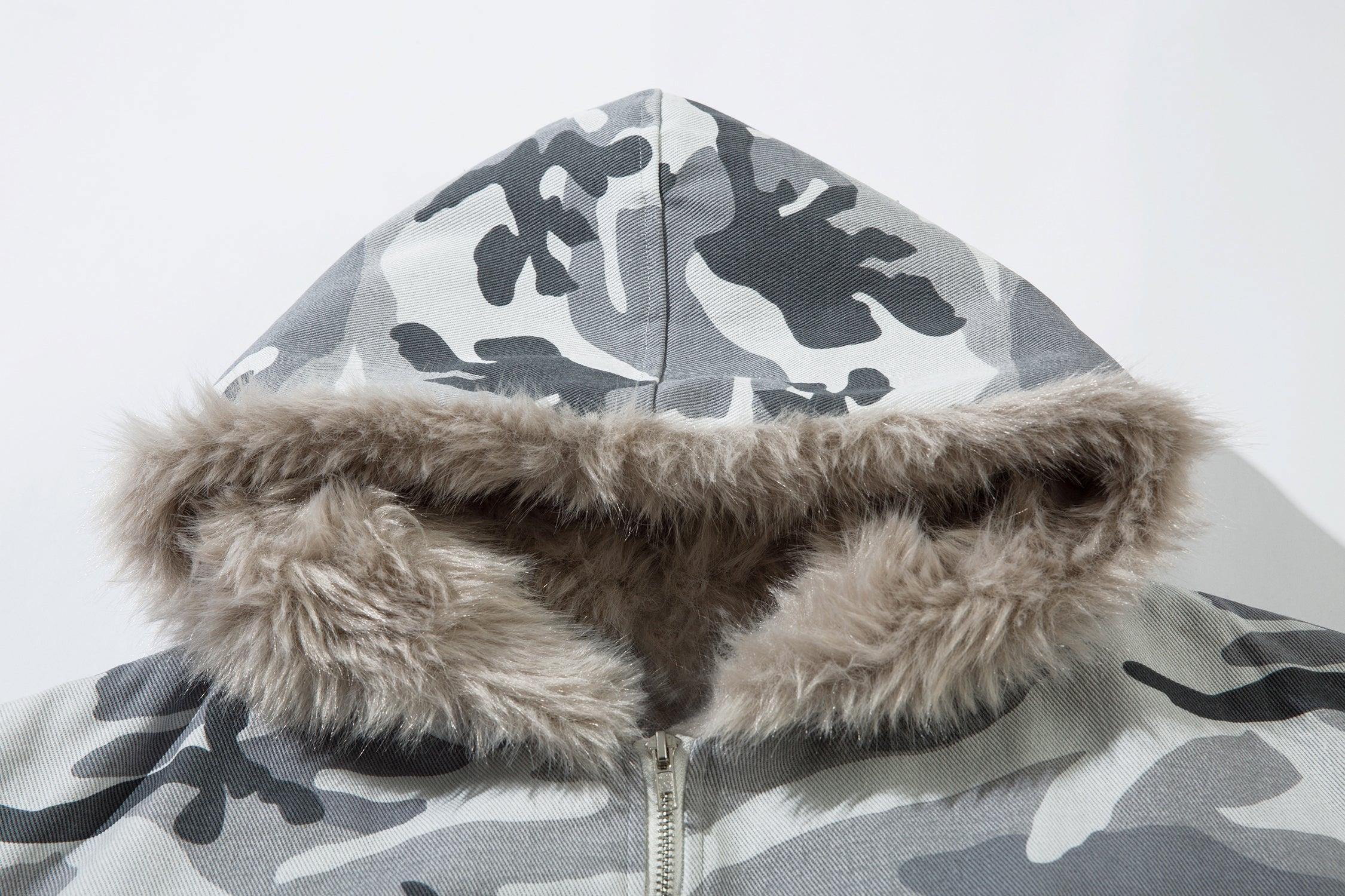 Grey Camo Faux Fur-Lined Hooded Bomber Jacket | SEAKOFF