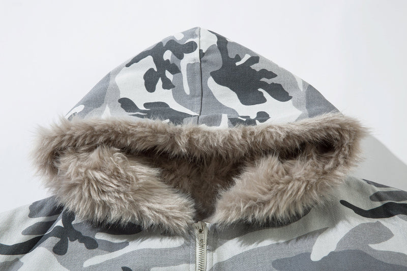 Grey Camo Faux Fur-Lined Hooded Bomber Jacket | SEAKOFF