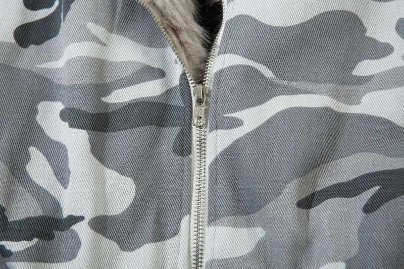 Grey Camo Faux Fur-Lined Hooded Bomber Jacket | SEAKOFF