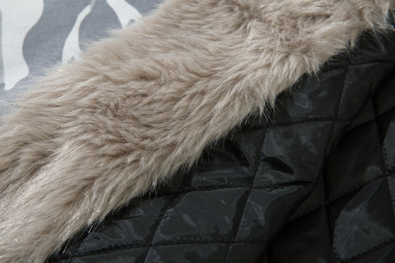 Grey Camo Faux Fur-Lined Hooded Bomber Jacket | SEAKOFF