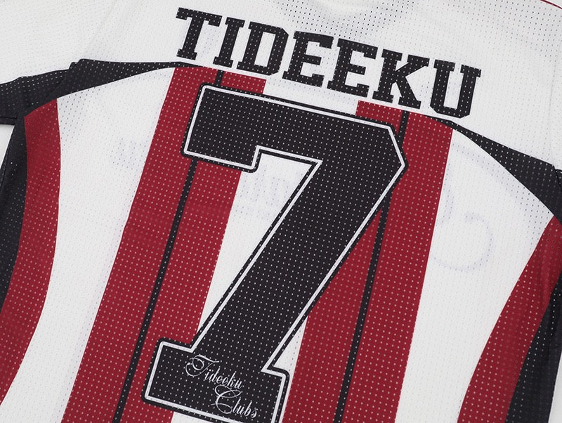 Tideeku No. 7 striped mesh football jersey with bold red, black, and white vertical panels and large back number 7