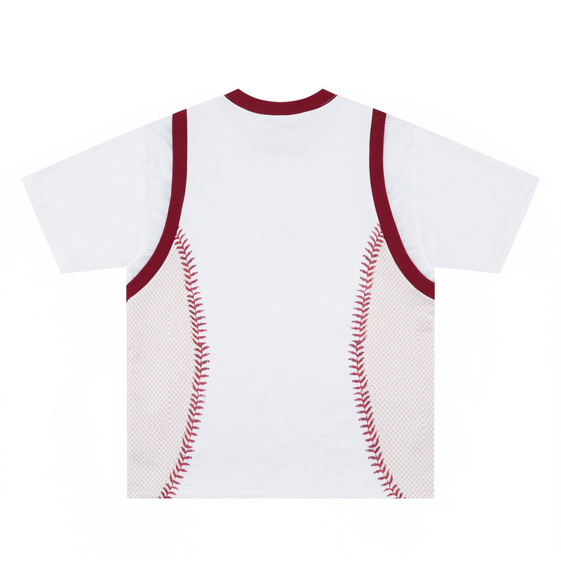 White mesh baseball tee with burgundy trim and curved red stitching details on a retro sporty jersey silhouette