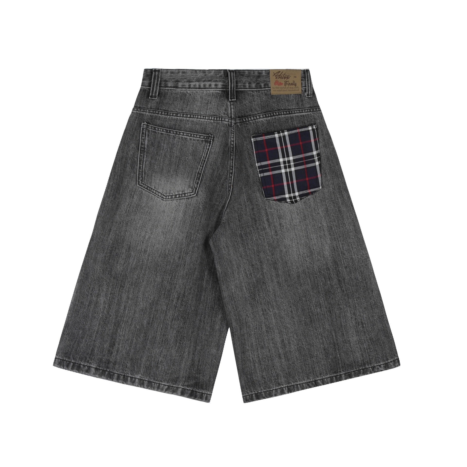 Wide-Leg Denim Shorts with Contrast Plaid Pocket | Charcoal Wash