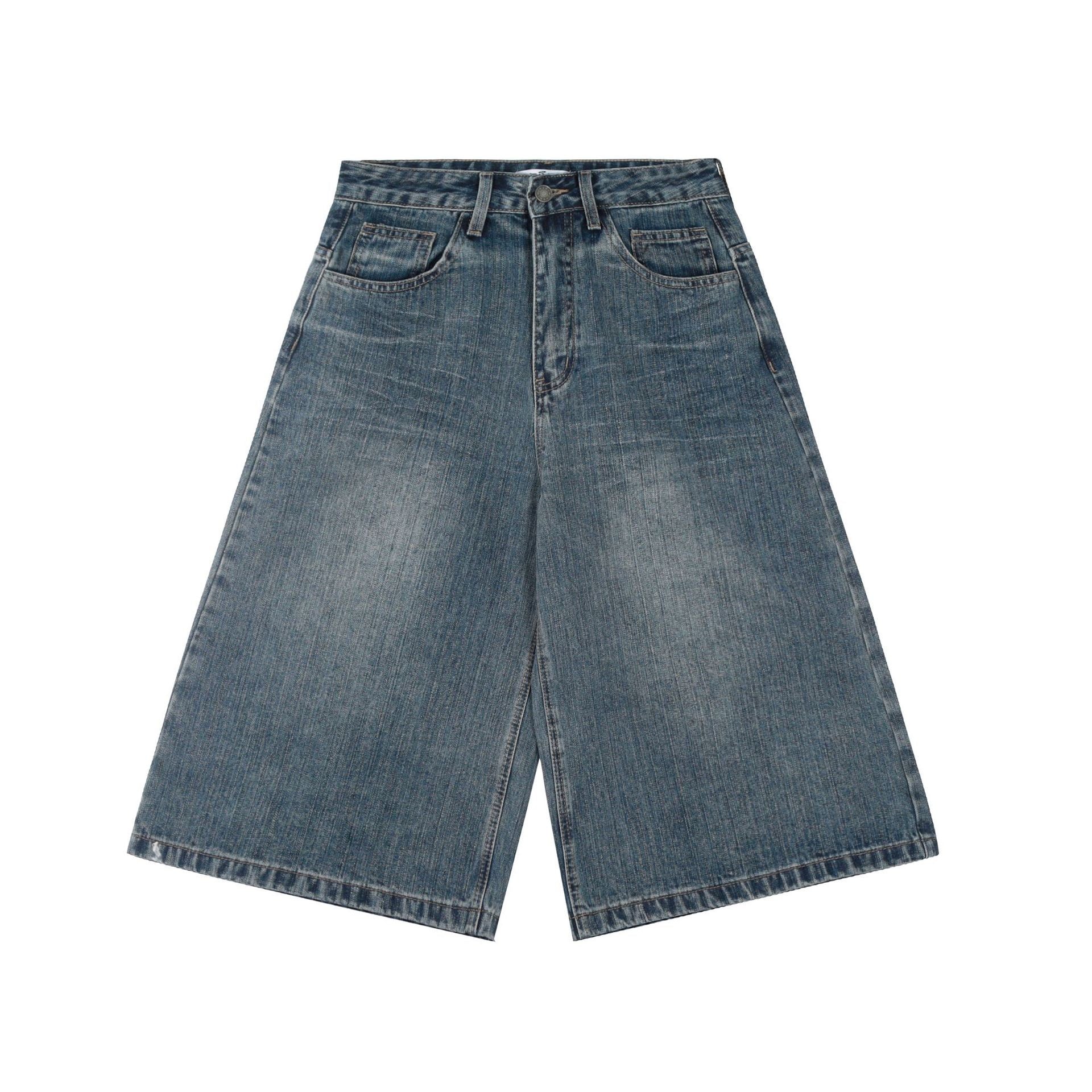 Wide-Leg Denim Shorts with Contrast Plaid Pocket | Charcoal Wash