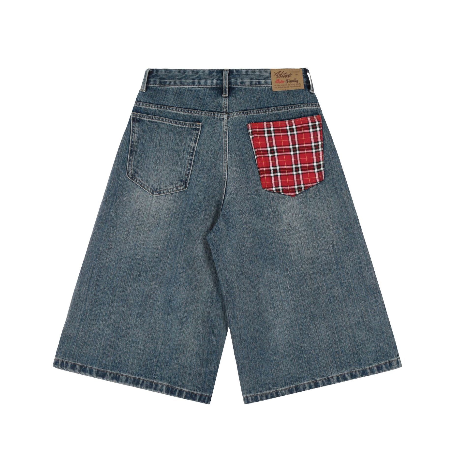 Wide-Leg Denim Shorts with Contrast Plaid Pocket | Charcoal Wash