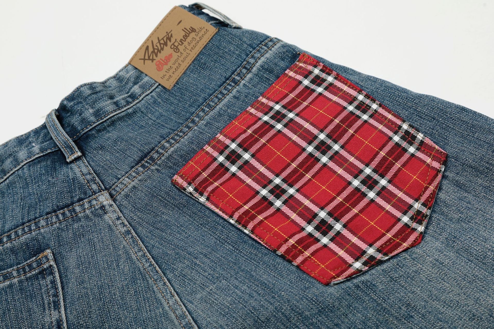 Wide-Leg Denim Shorts with Contrast Plaid Pocket | Charcoal Wash