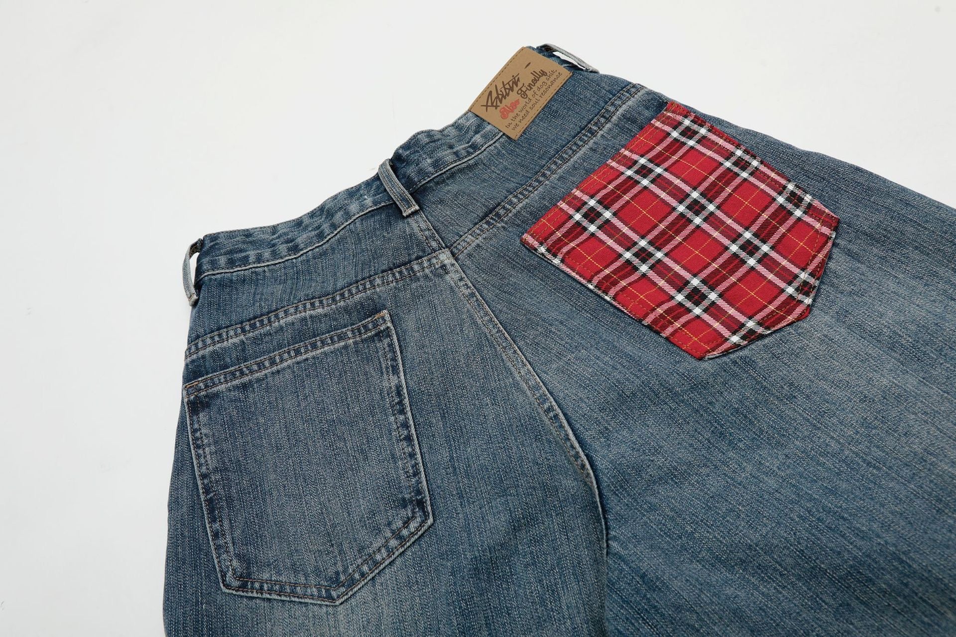 Wide-Leg Denim Shorts with Contrast Plaid Pocket | Charcoal Wash