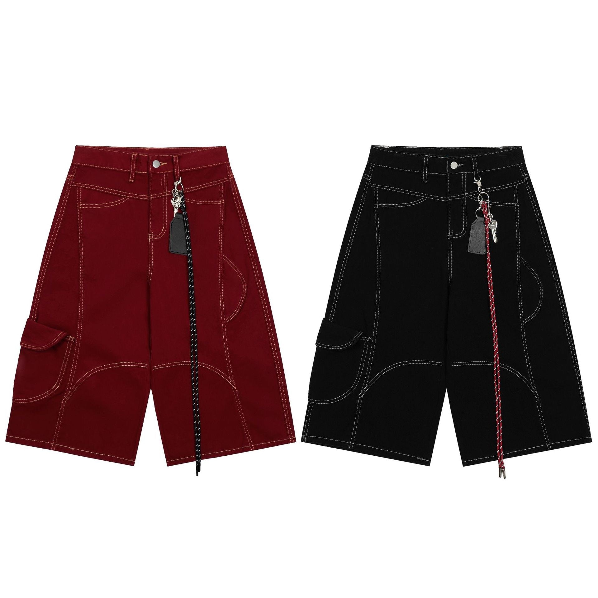 Burgundy and black arc-stitched utility cargo shorts with contrast topstitching, side flap pocket, and detachable metal keych