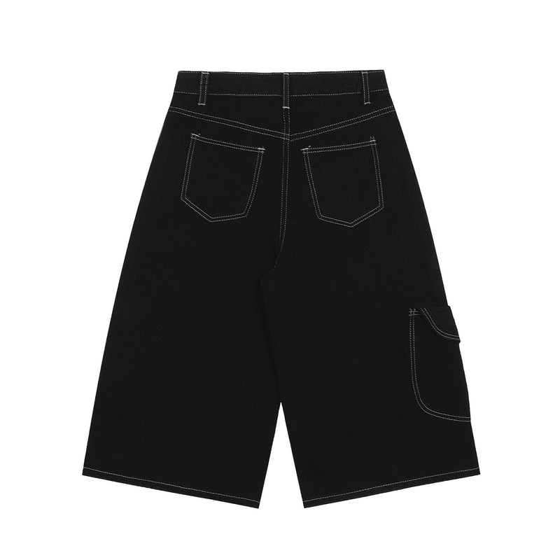 Back view of black cargo shorts with contrast stitching and side cargo pocket