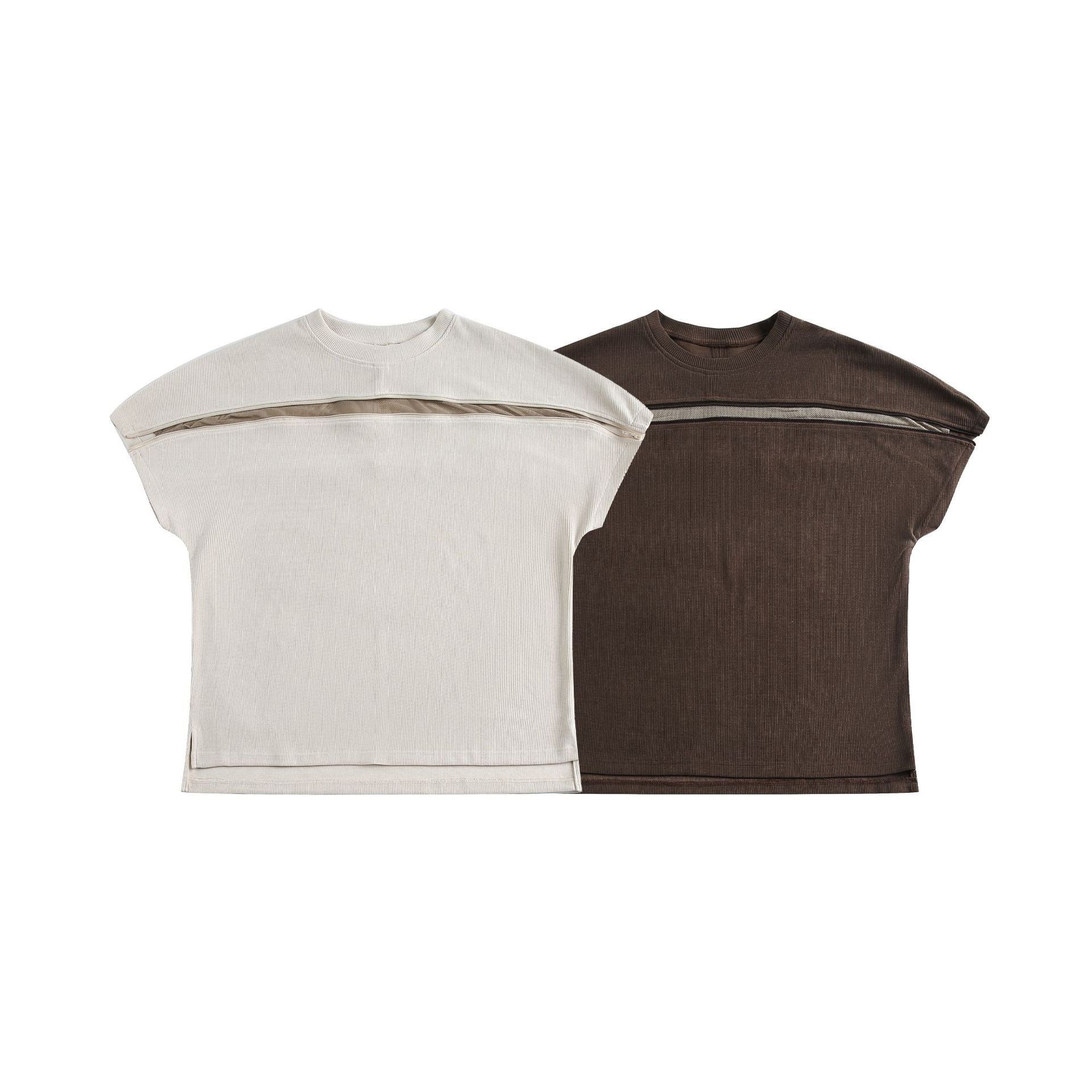 Flat lay of two ribbed layered chest panel tees in off-white and dark brown with wide-shoulder cut