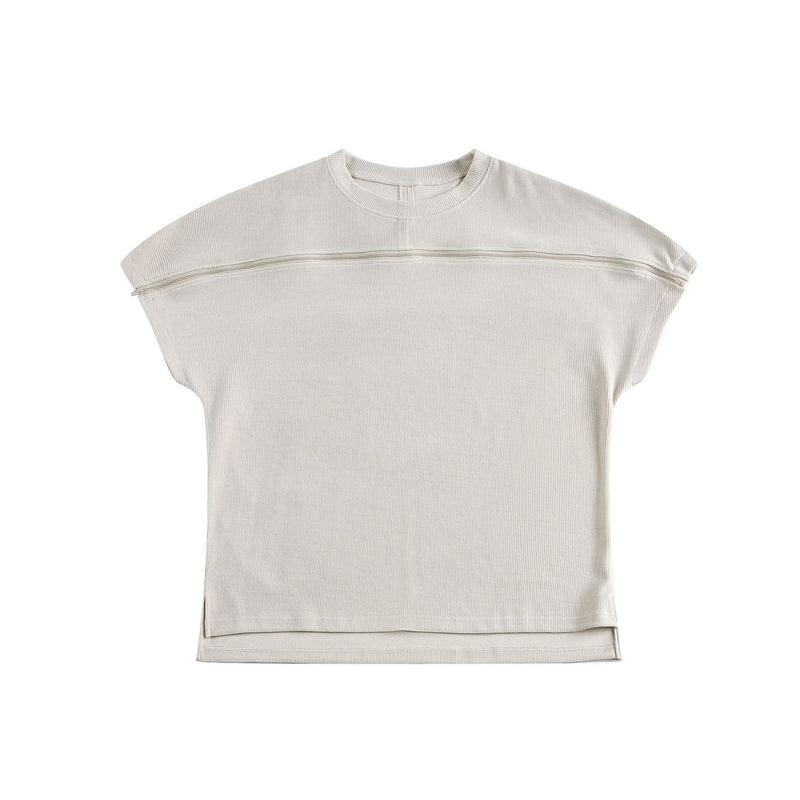 Beige ribbed minimalist tee with layered chest panel and structured short sleeves