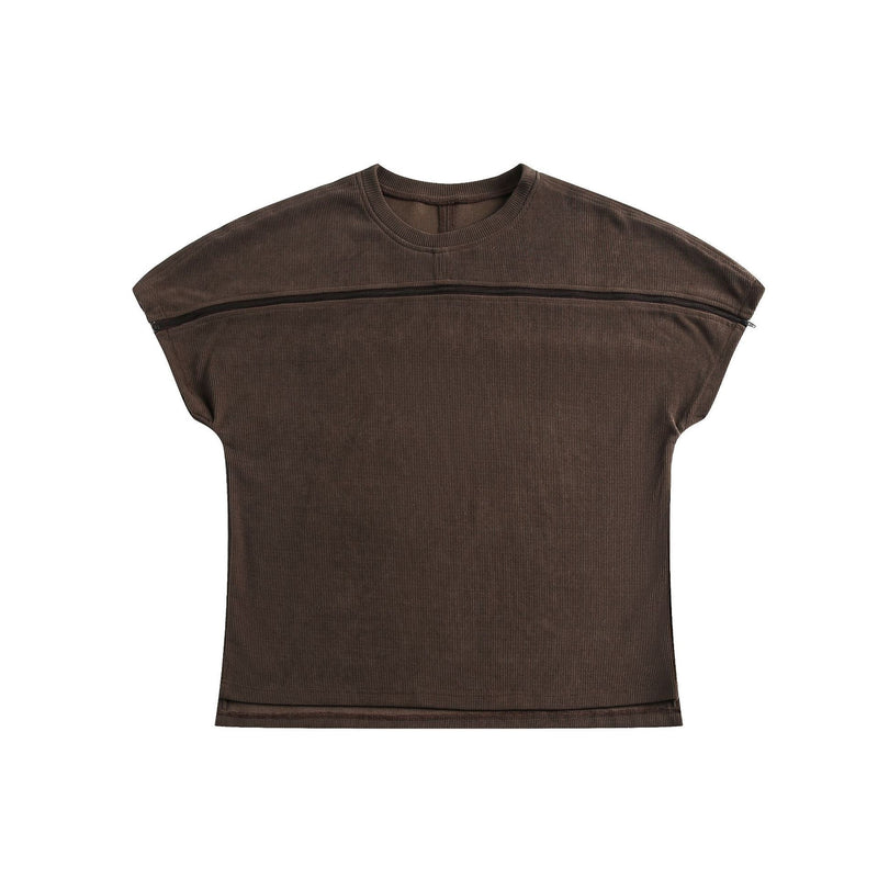 Brown ribbed short-sleeve tee with layered chest panel and minimalist structured fit