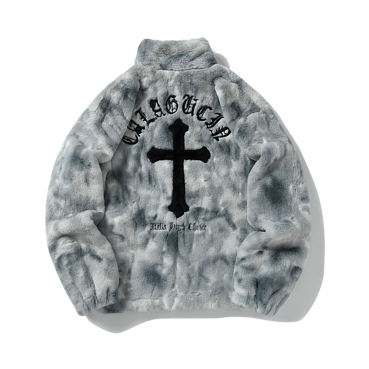 Back view of grey tie-dye fleece jacket with large black embroidered cross and gothic script lettering