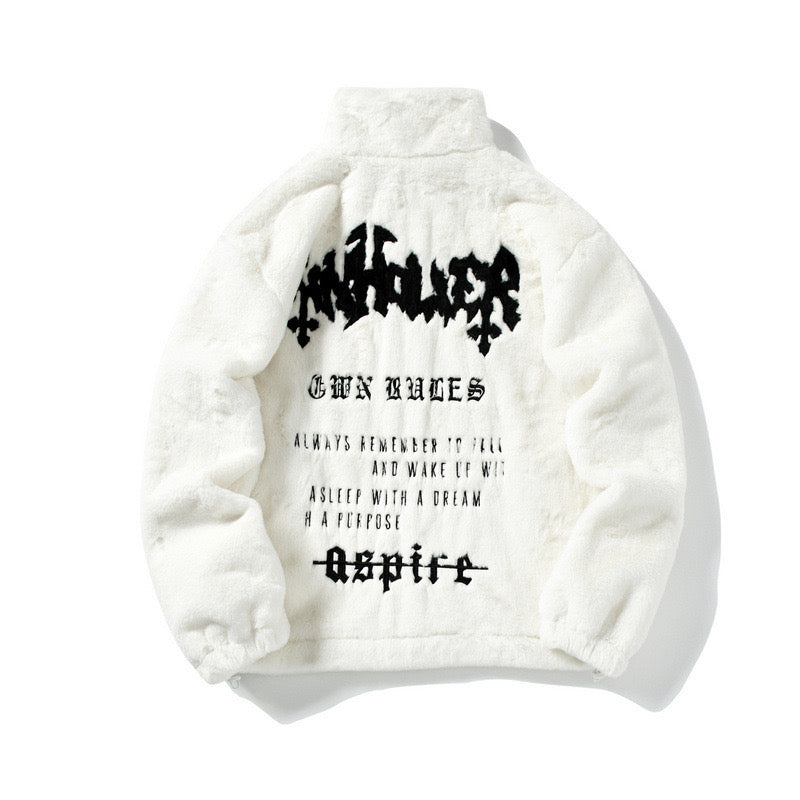Back view of white plush fleece zip jacket with bold Gothic typography graphic print on rear panel