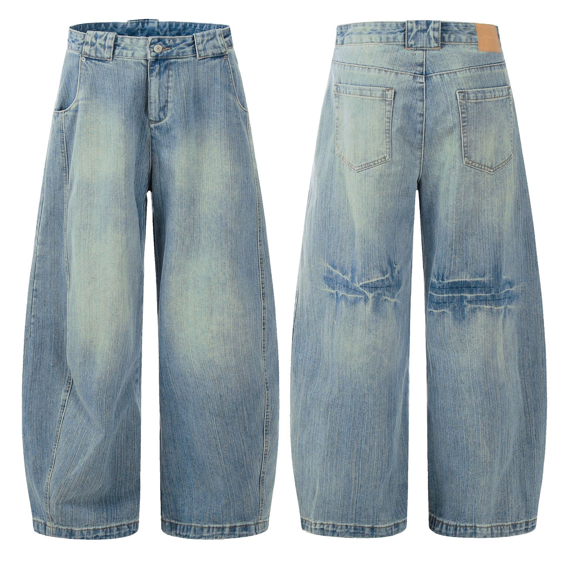 Front and back view of light blue vintage fade wide balloon leg jeans with washed finish and crease distressing