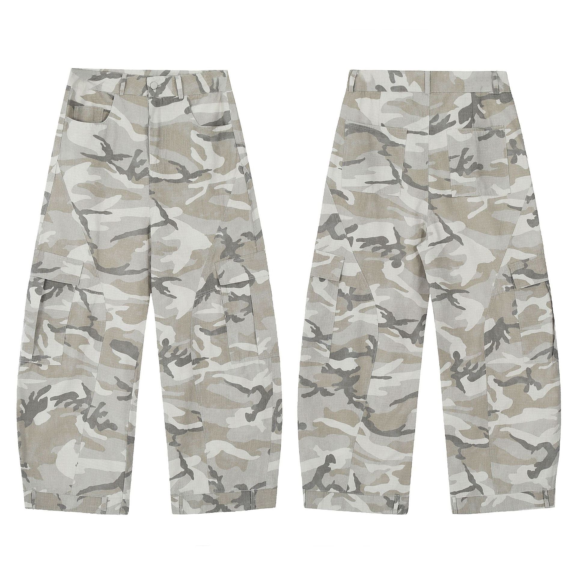 Front and back view of arctic camo wide-leg cargo pants with utility pockets and ankle tab detailing
