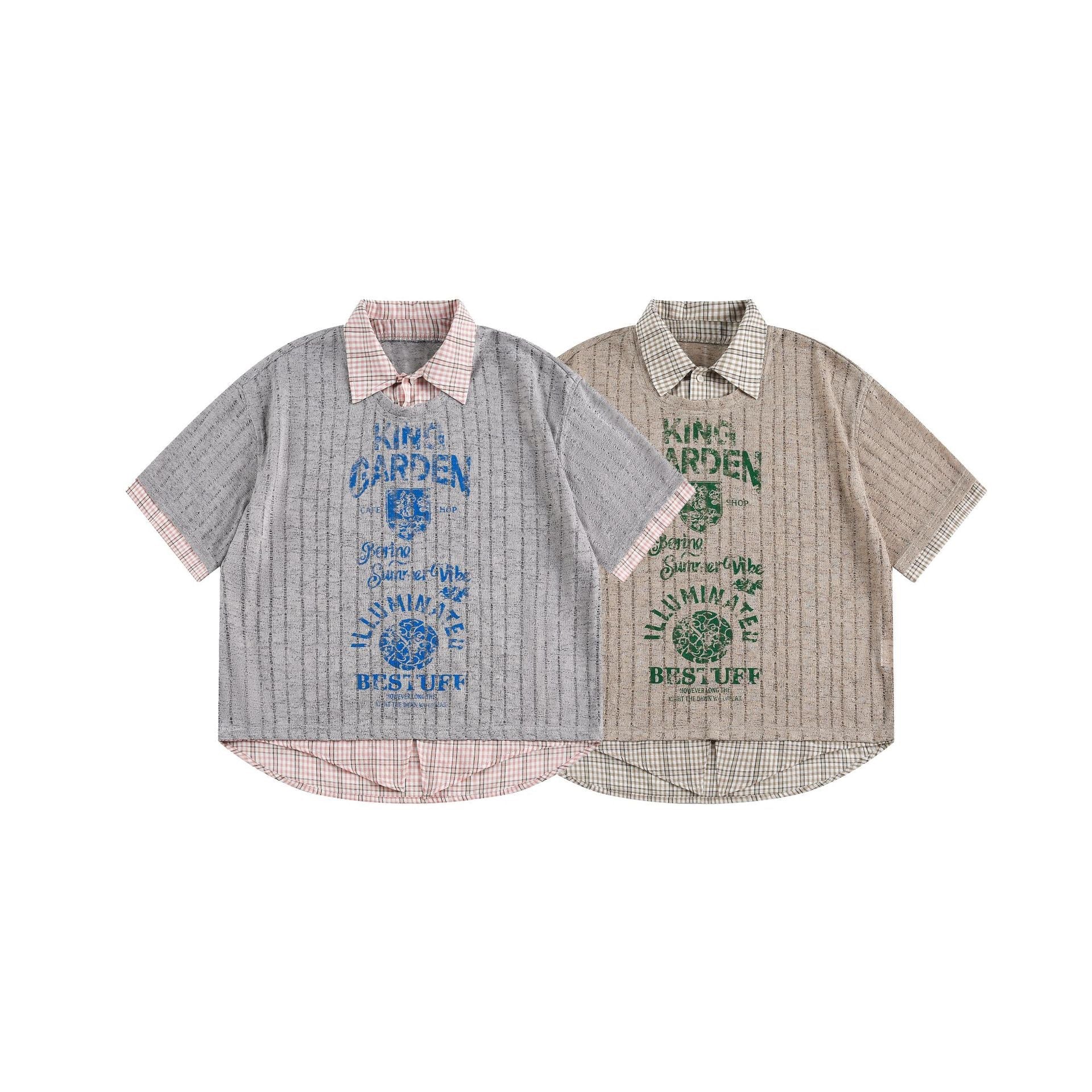 Two King Garden plaid collar mesh graphic tees laid flat, grey with blue print and khaki with green print, short sleeve relax