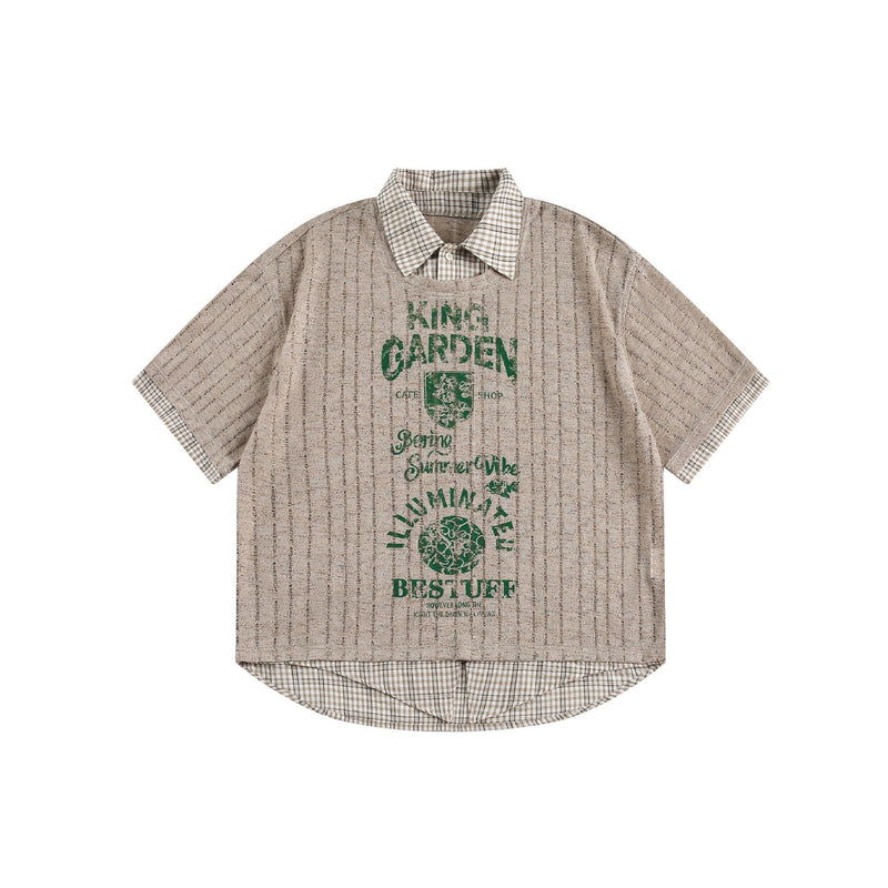 Beige vintage streetwear tee with plaid collar and hem, green graphic print, and relaxed layered mesh design