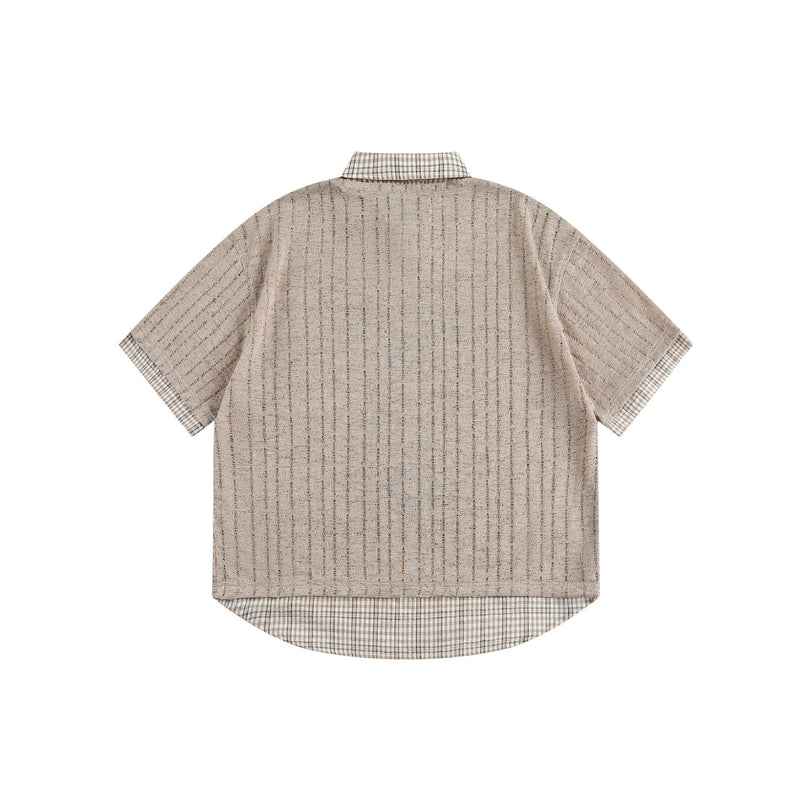 Beige vintage streetwear tee with plaid collar and hem, textured mesh graphic fabric, short sleeves and relaxed fit